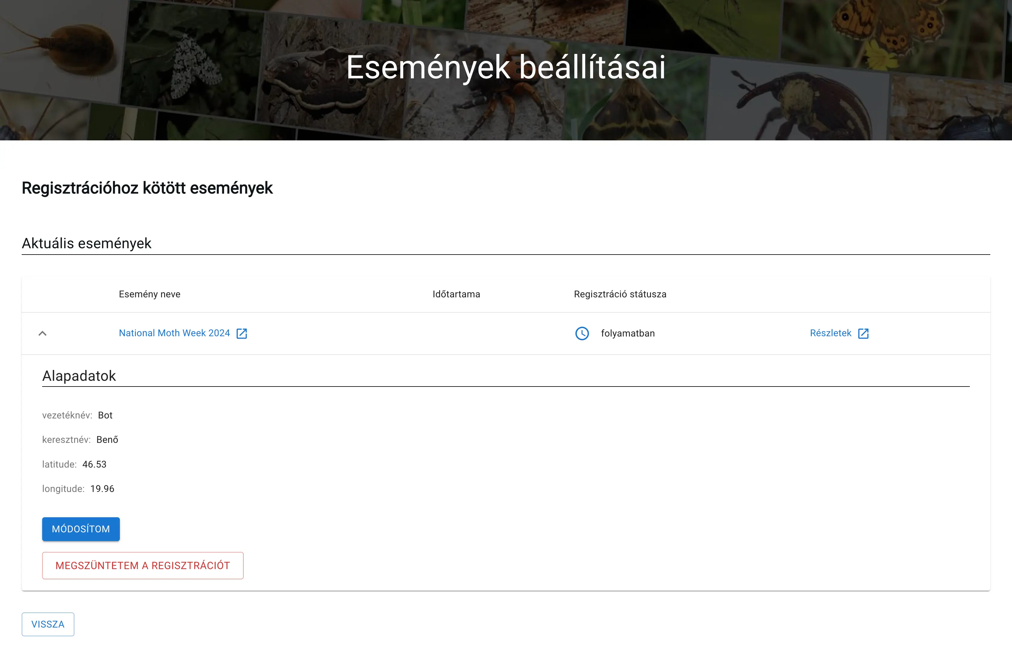 Esemény adatainak szerkesztése az esemény beállításai oldalon