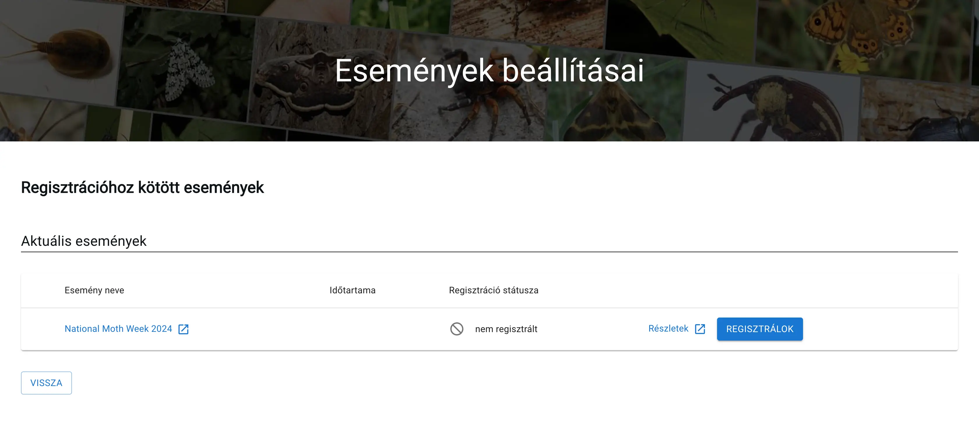 Események beállításai oldal