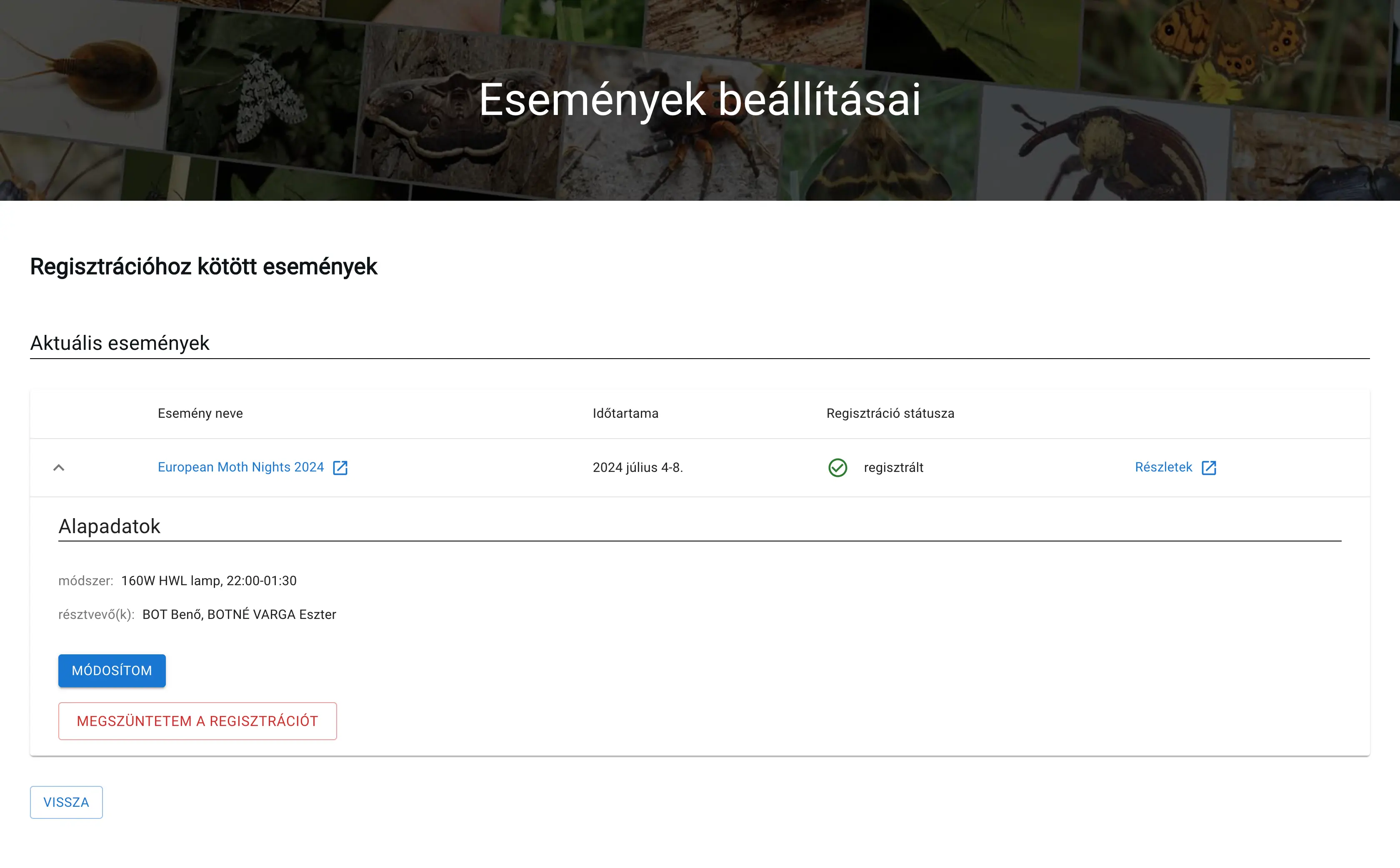 Esemény adatainak szerkesztése az esemény beállításai oldalon