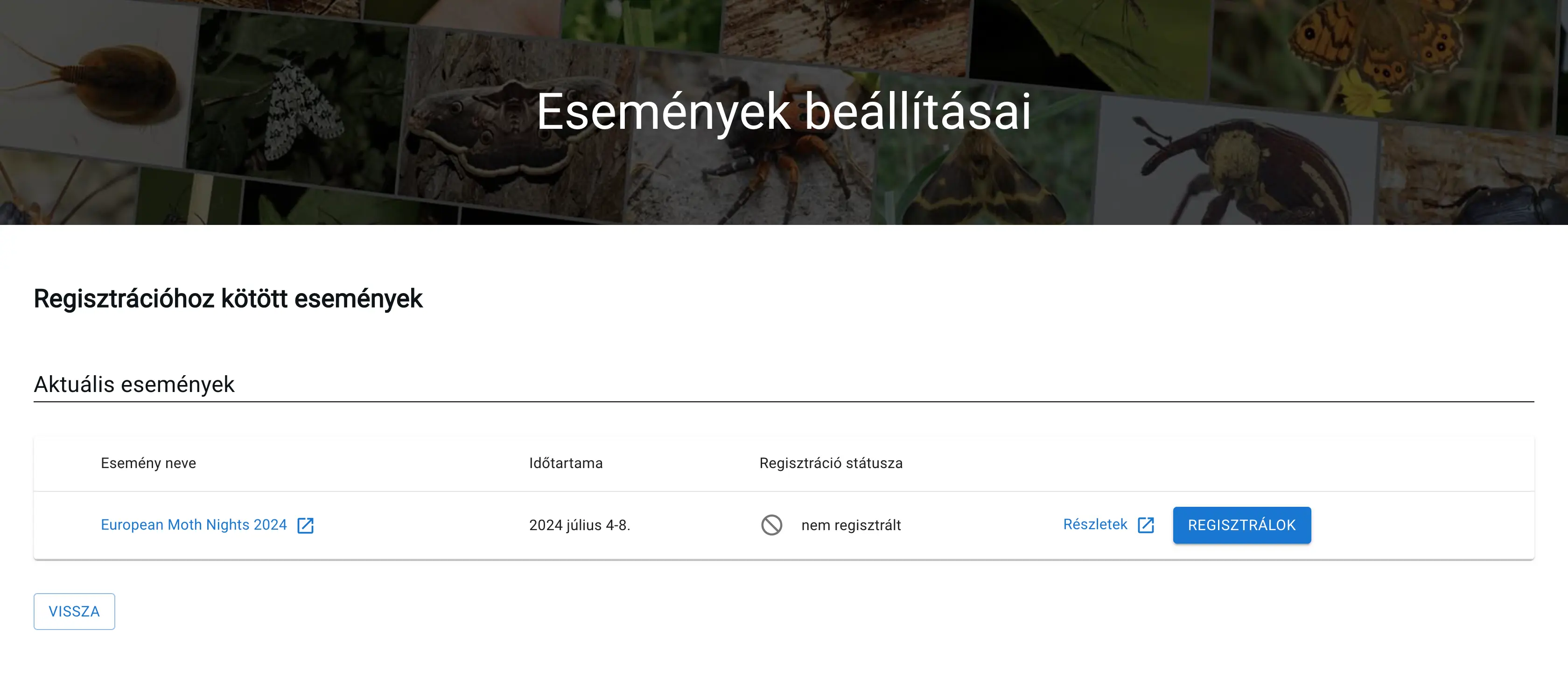 Események beállításai oldal