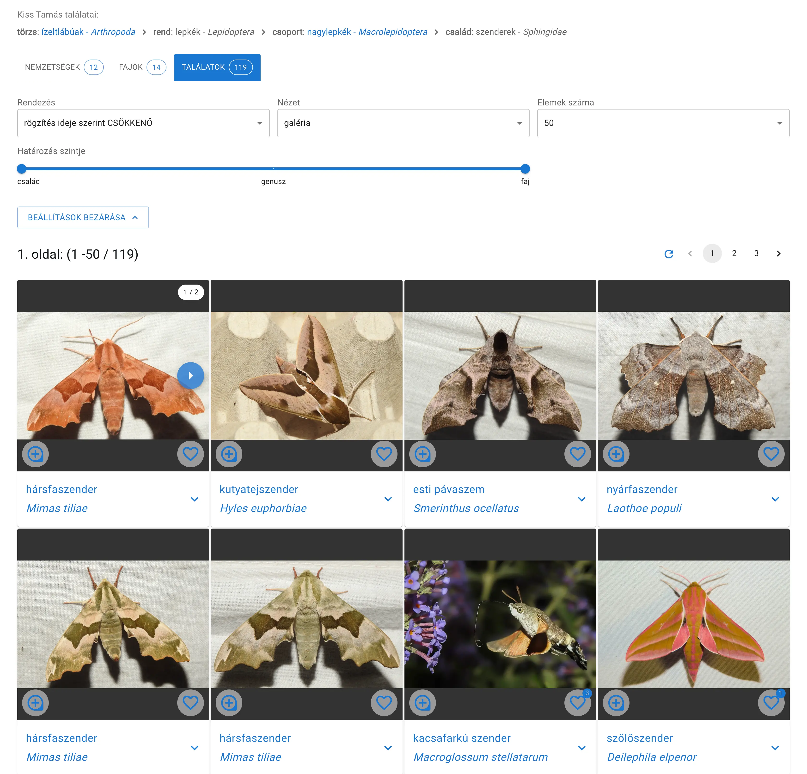 Példa: Kiss Tamás által észlelt szenderek (Sphingidae)