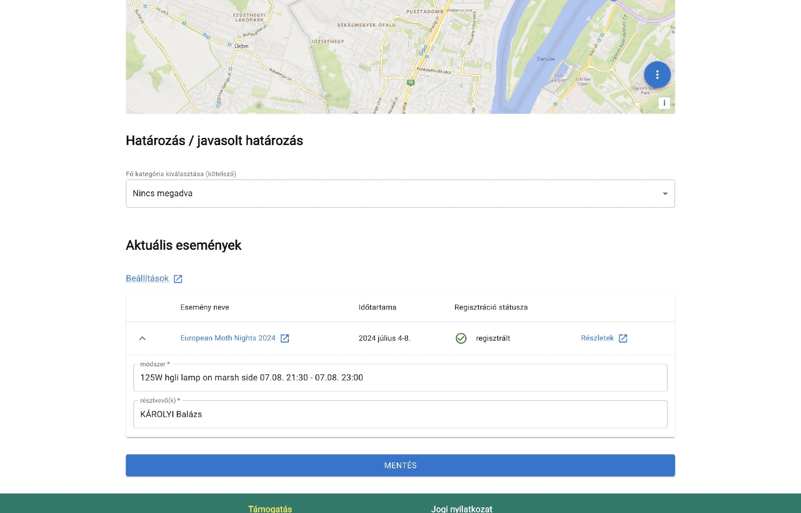 Az eseményre való regisztráció beállításai