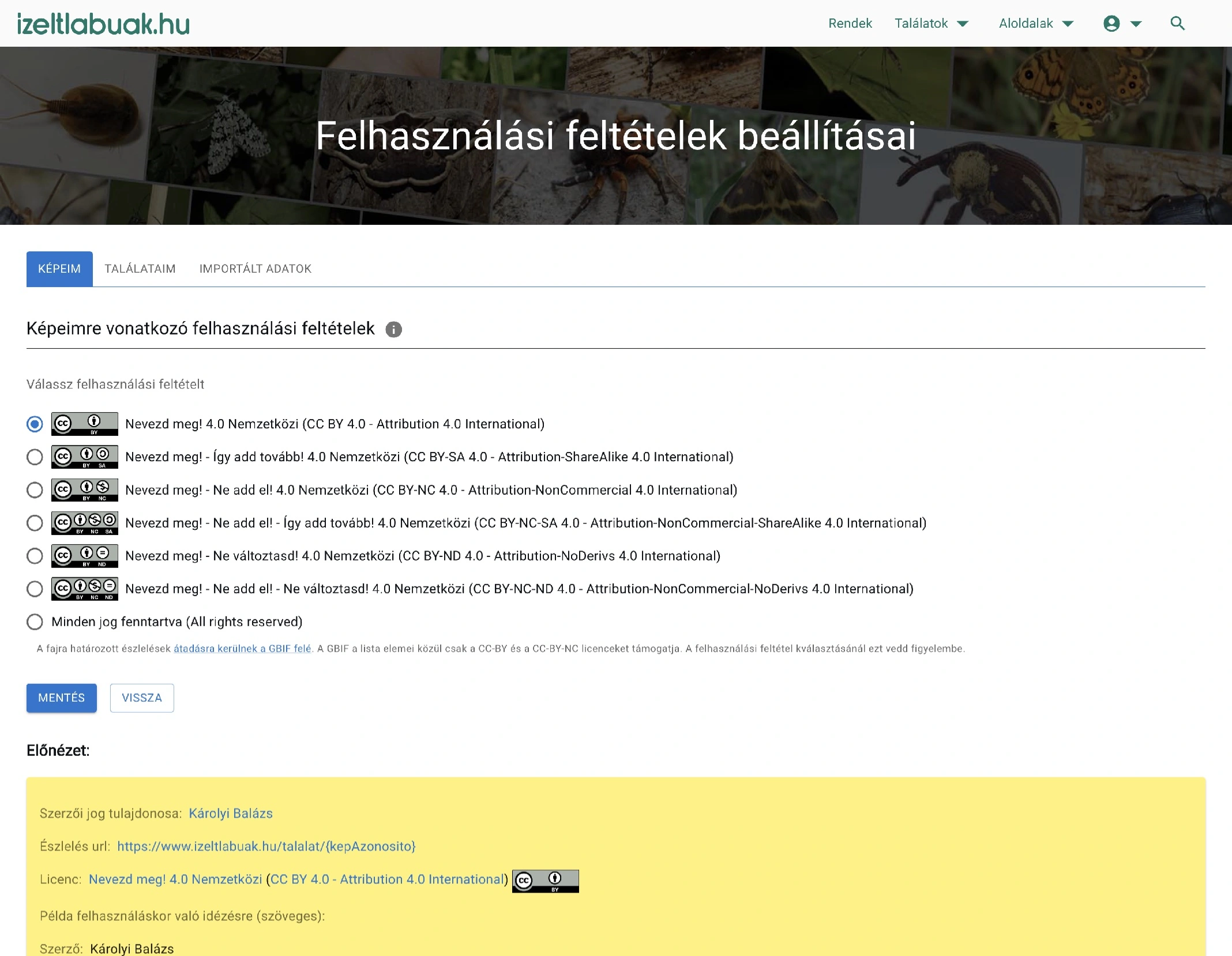 Felhasználási feltételek beállításainak változása