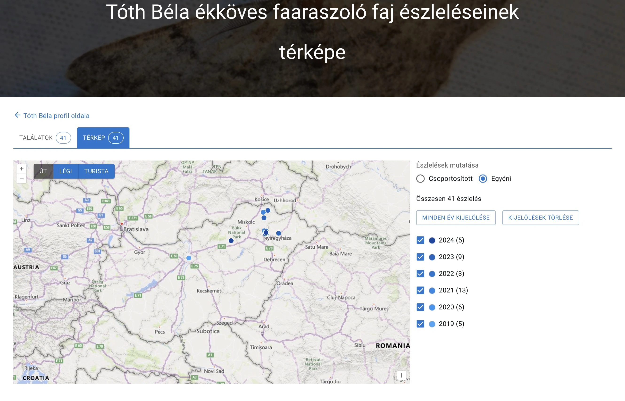 Tóth Béla által észlelt ékköves faaraszoló észlelései térképen megjelenítve (példa)