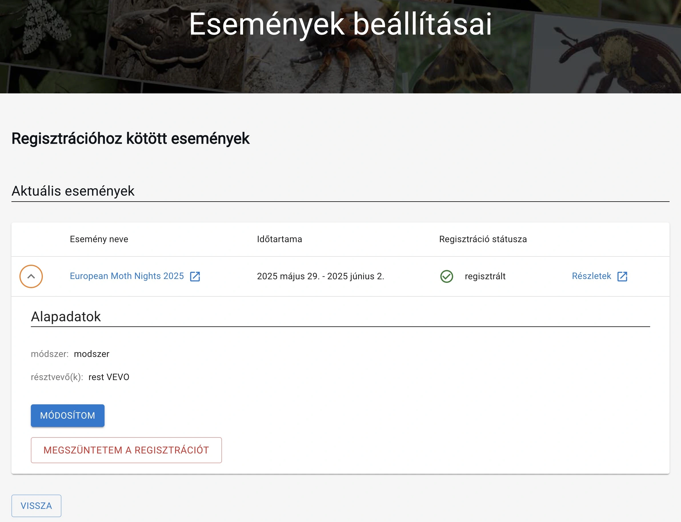 Esemény adatainak szerkesztése az esemény beállításai oldalon