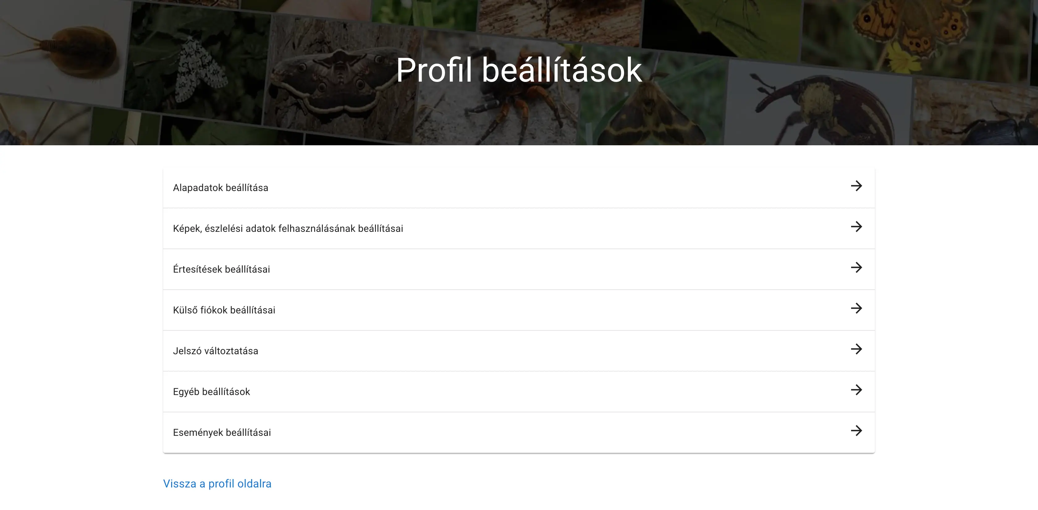Események szerkesztése a profil beállítások oldalon