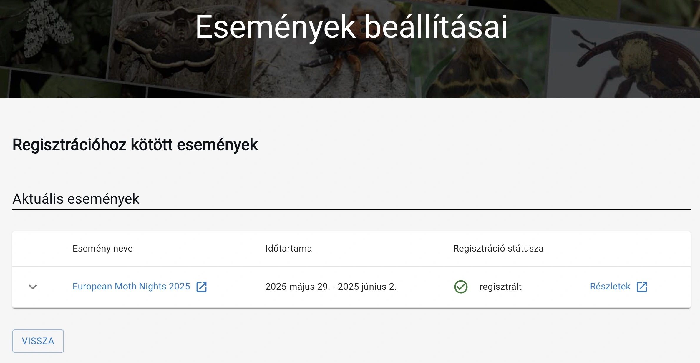 Események beállításai oldal