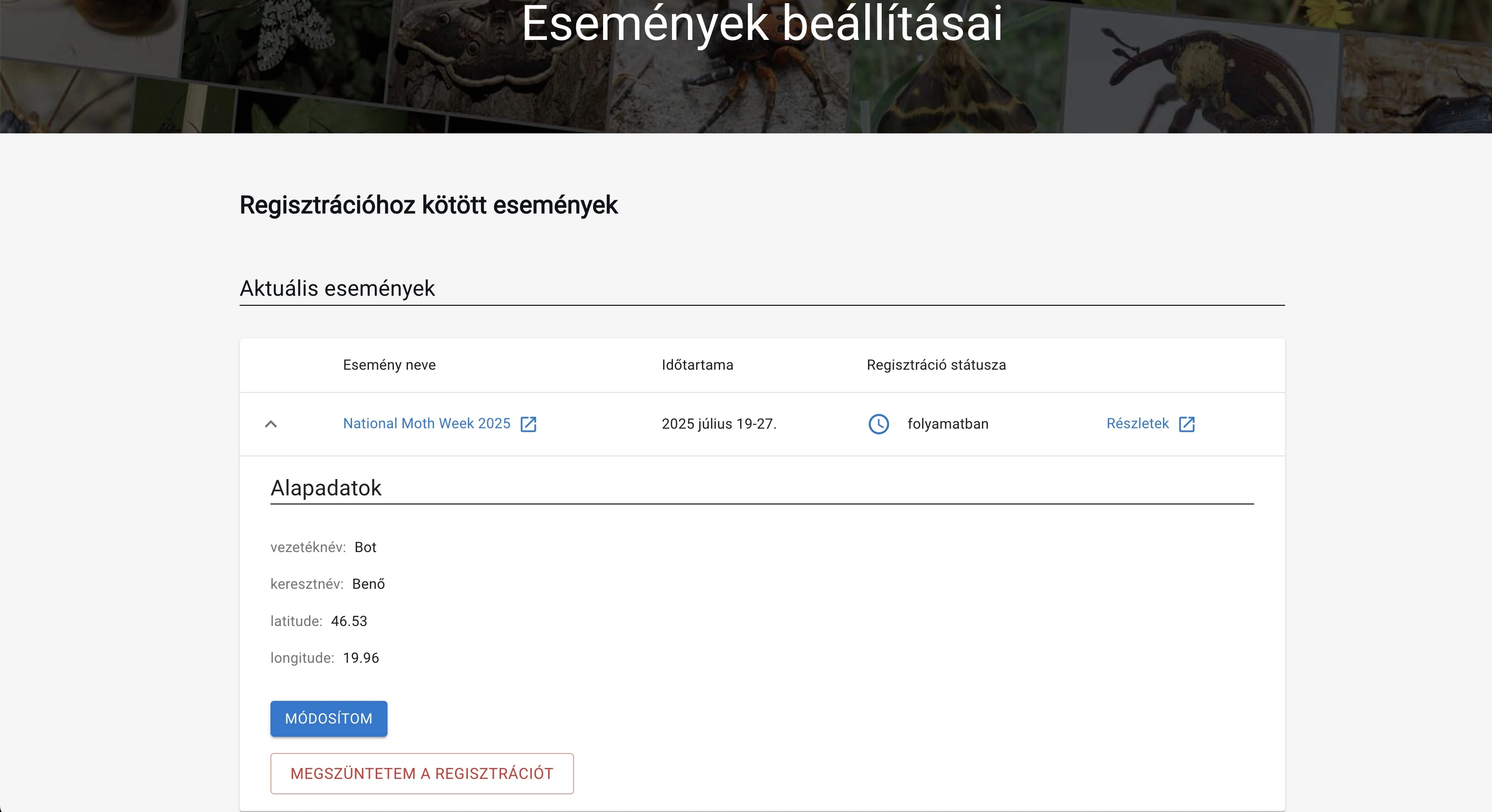 Esemény adatainak szerkesztése az esemény beállításai oldalon