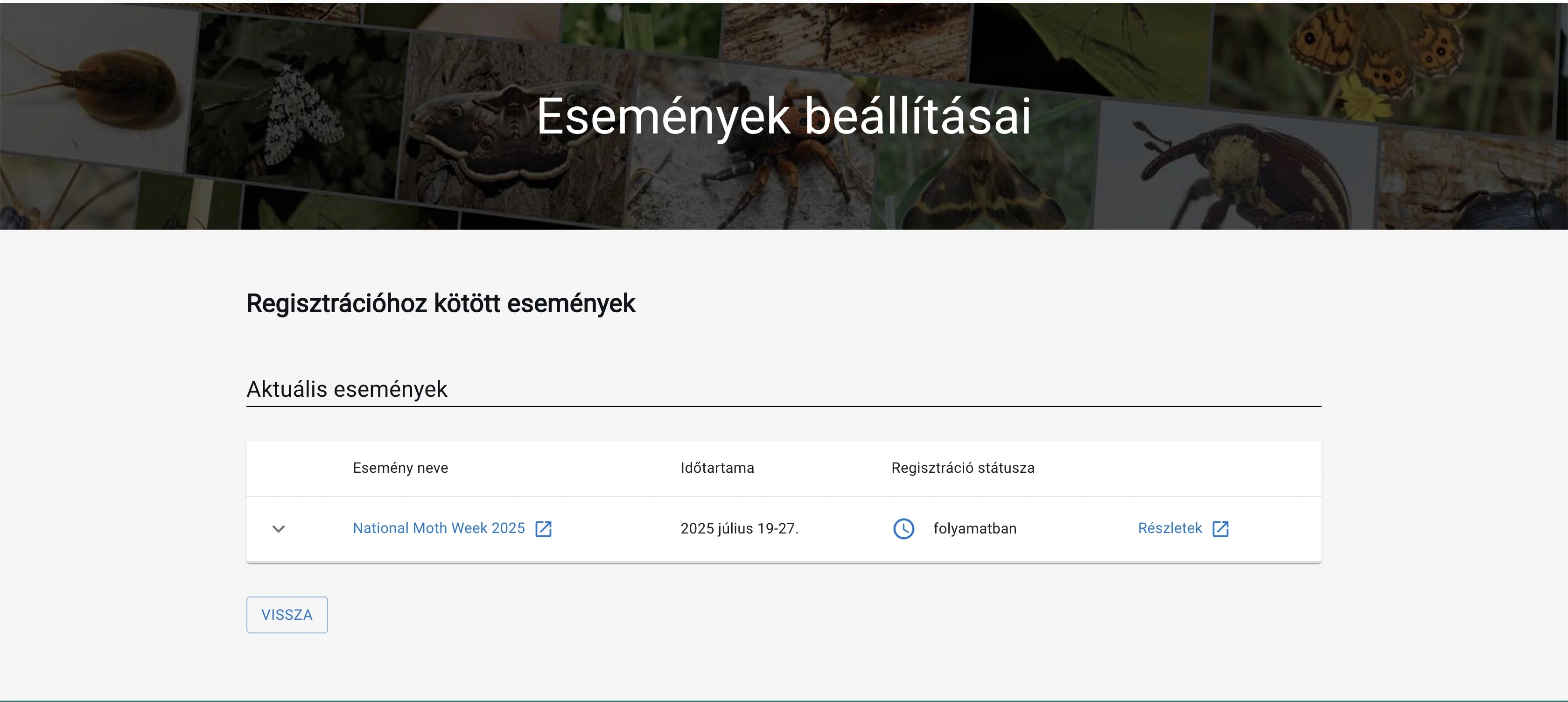Események beállításai oldal