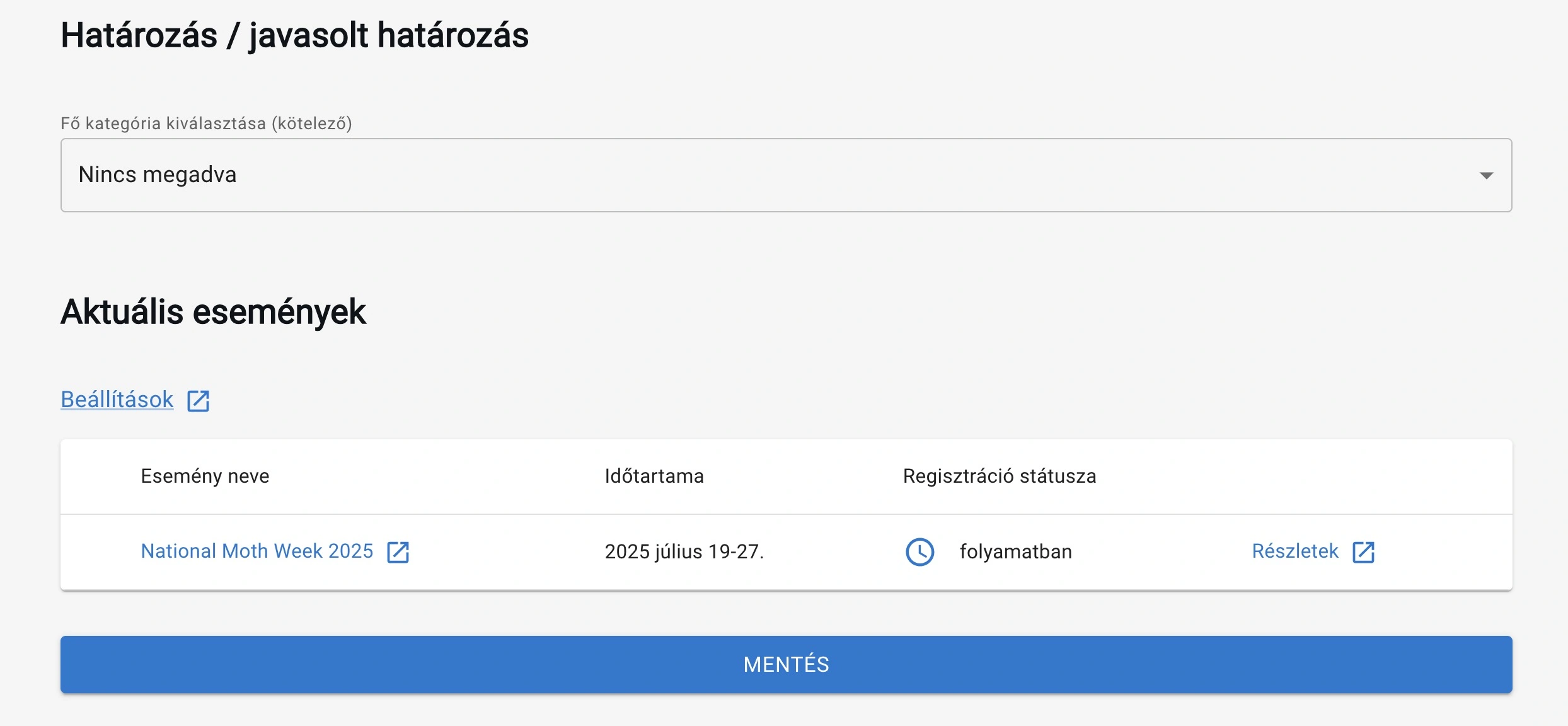 Események szerkesztése a profil beállítások oldalon