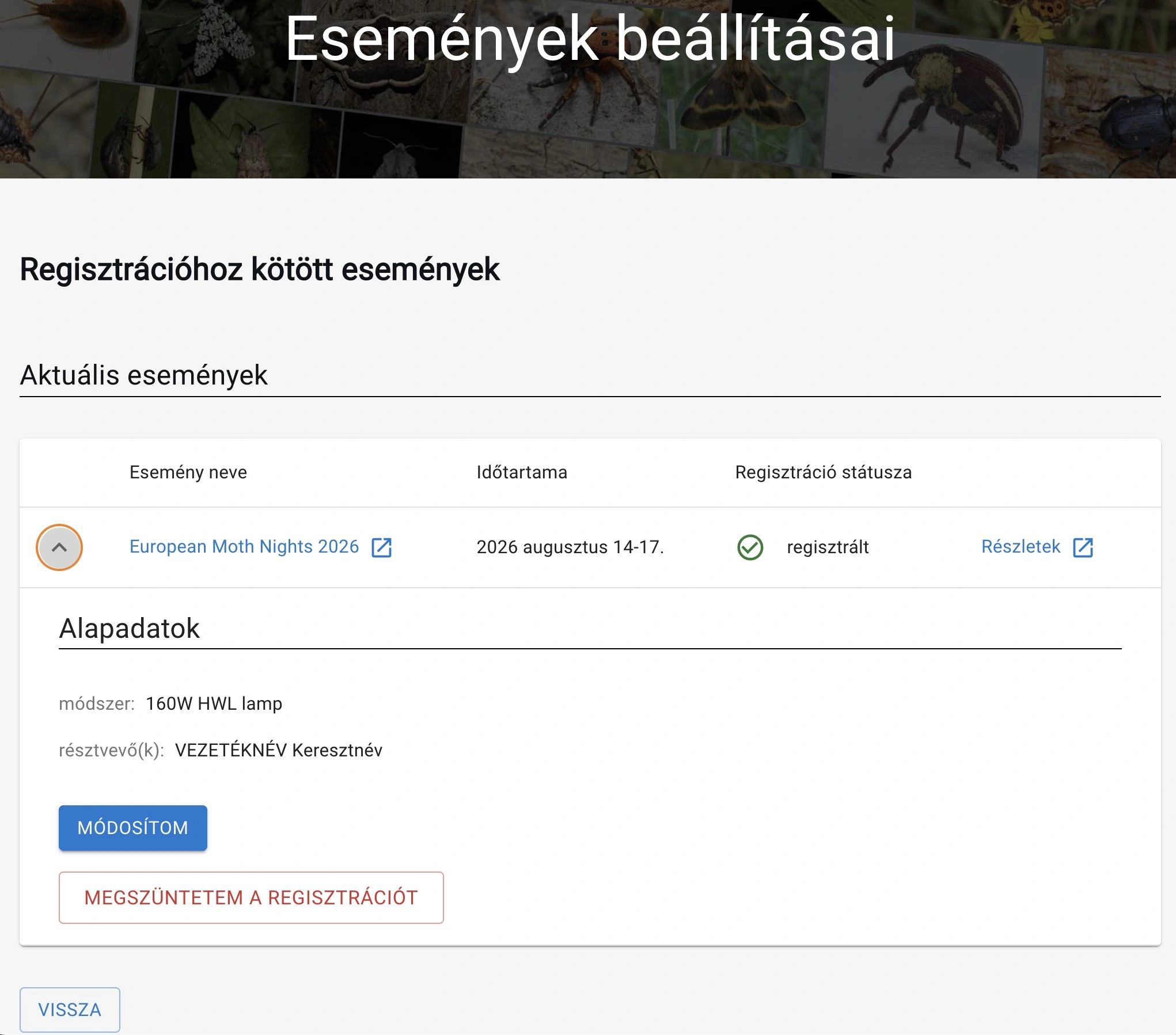 Esemény adatainak szerkesztése az esemény beállításai oldalon