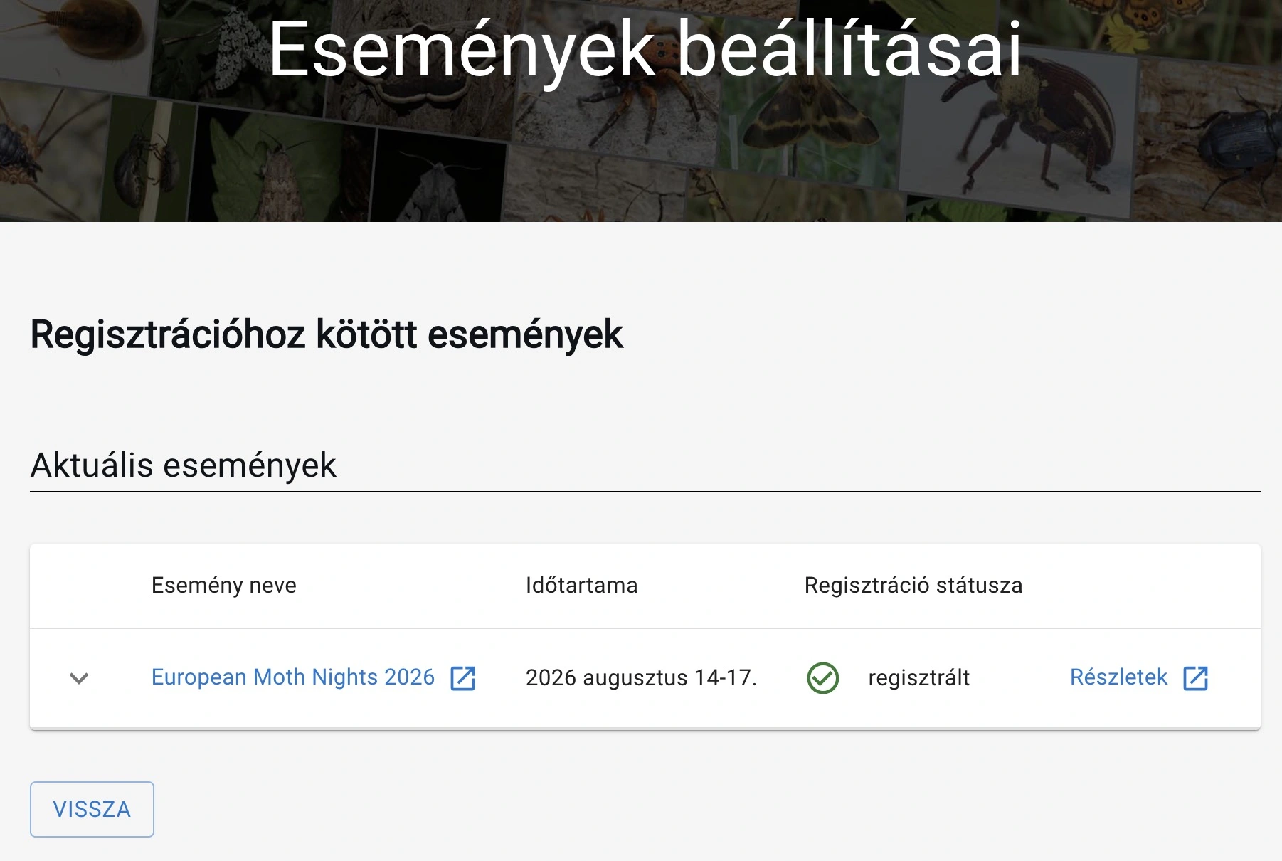 Események beállításai oldal