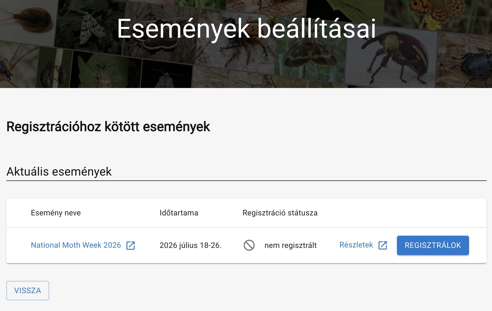 Események beállításai oldal