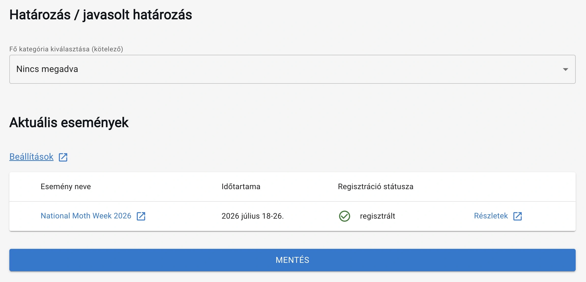 Esemény jelzése az észlelés rögzítése oldalon