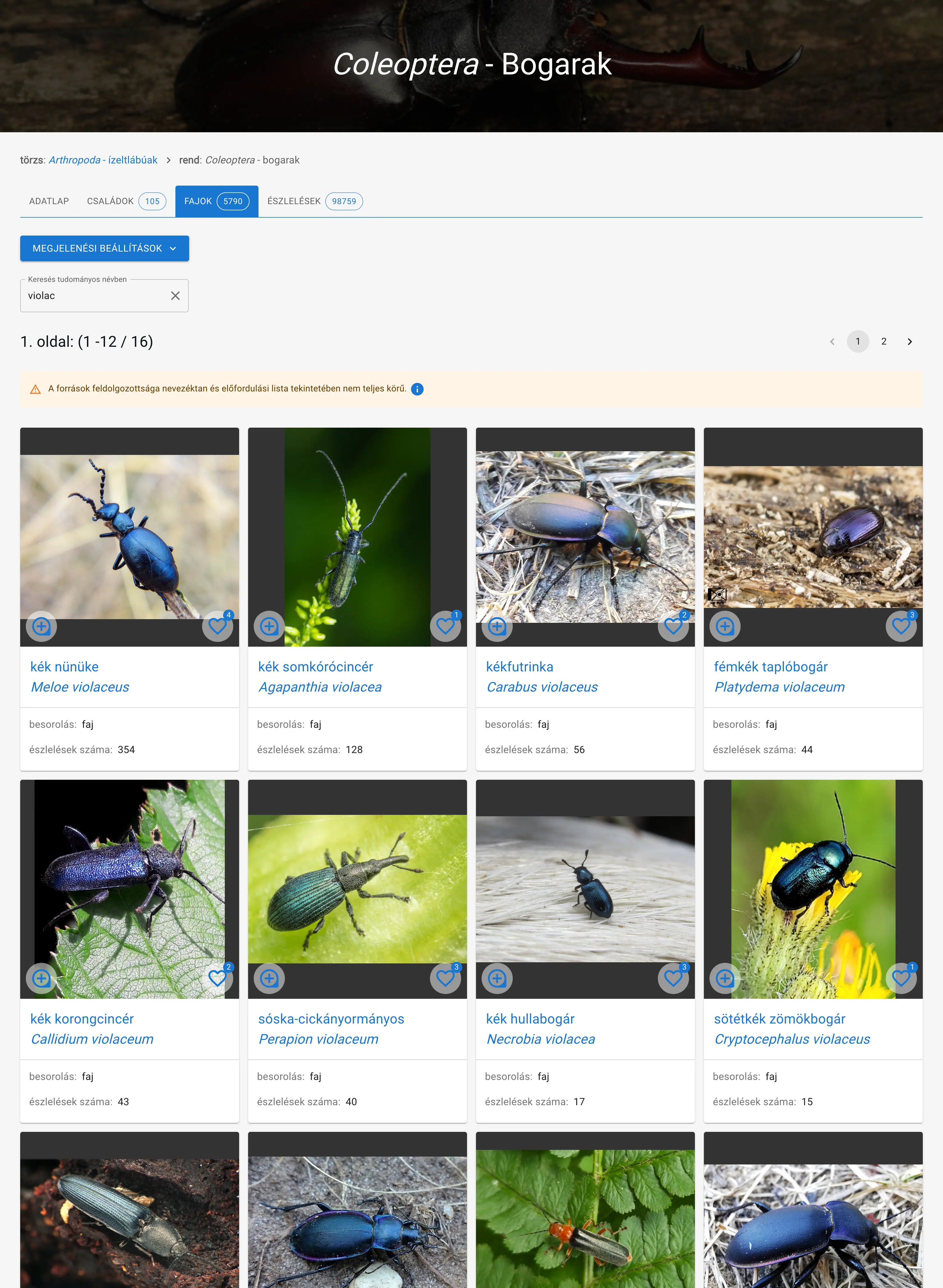 Példa: keresés a hazai bogarak alatti fajok listájában