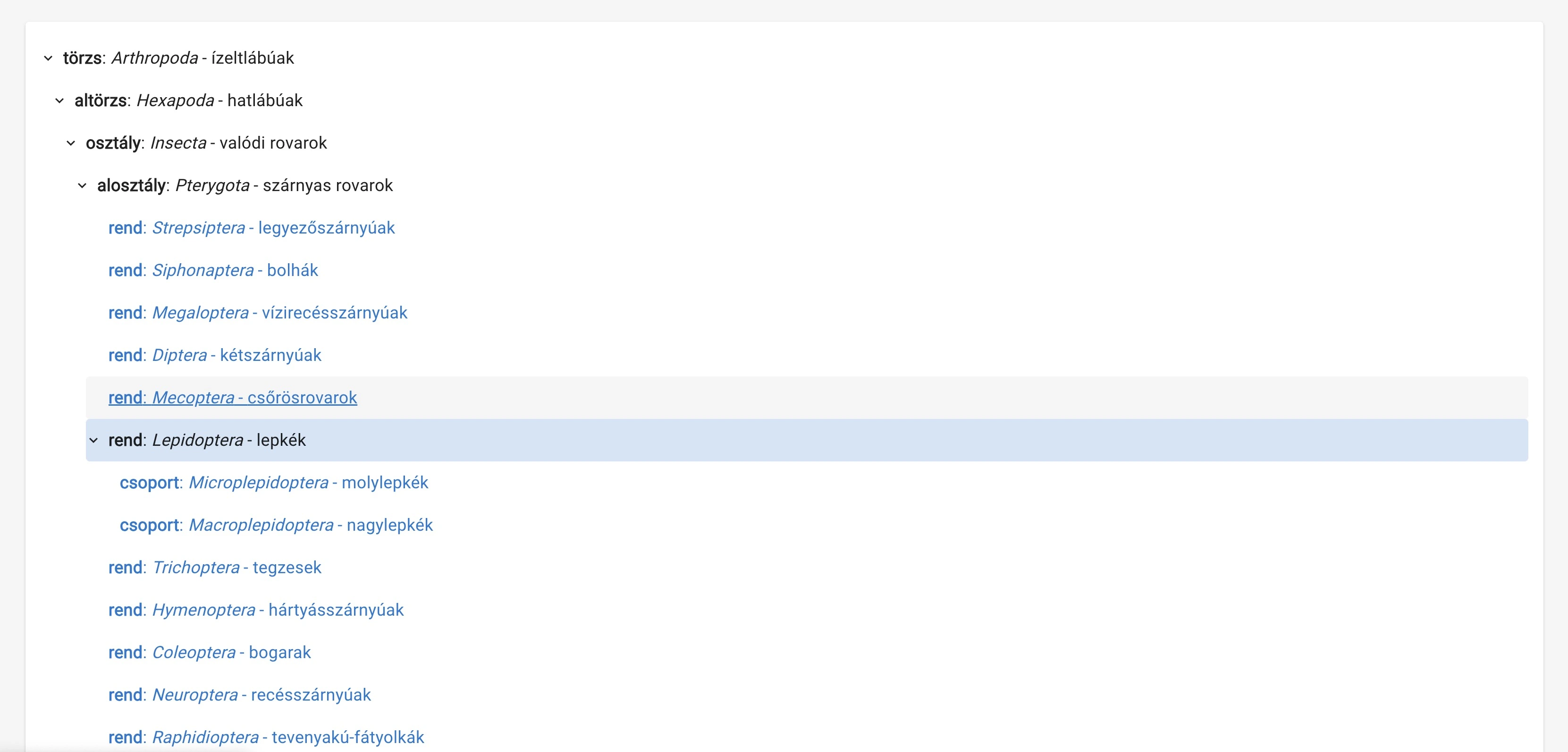 Példa fa nézetre: fő kategóriák