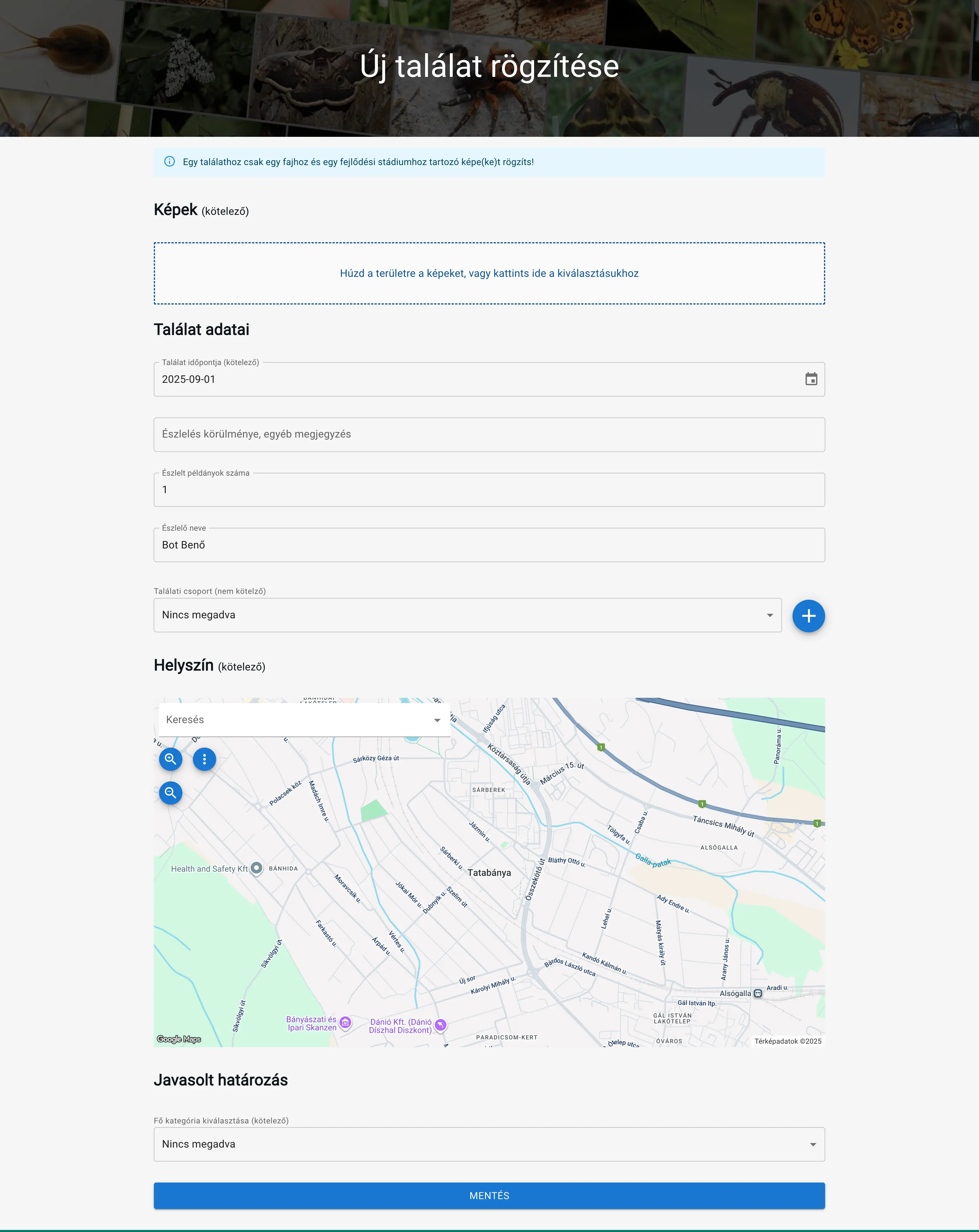 Új észlelés rögzítése oldal