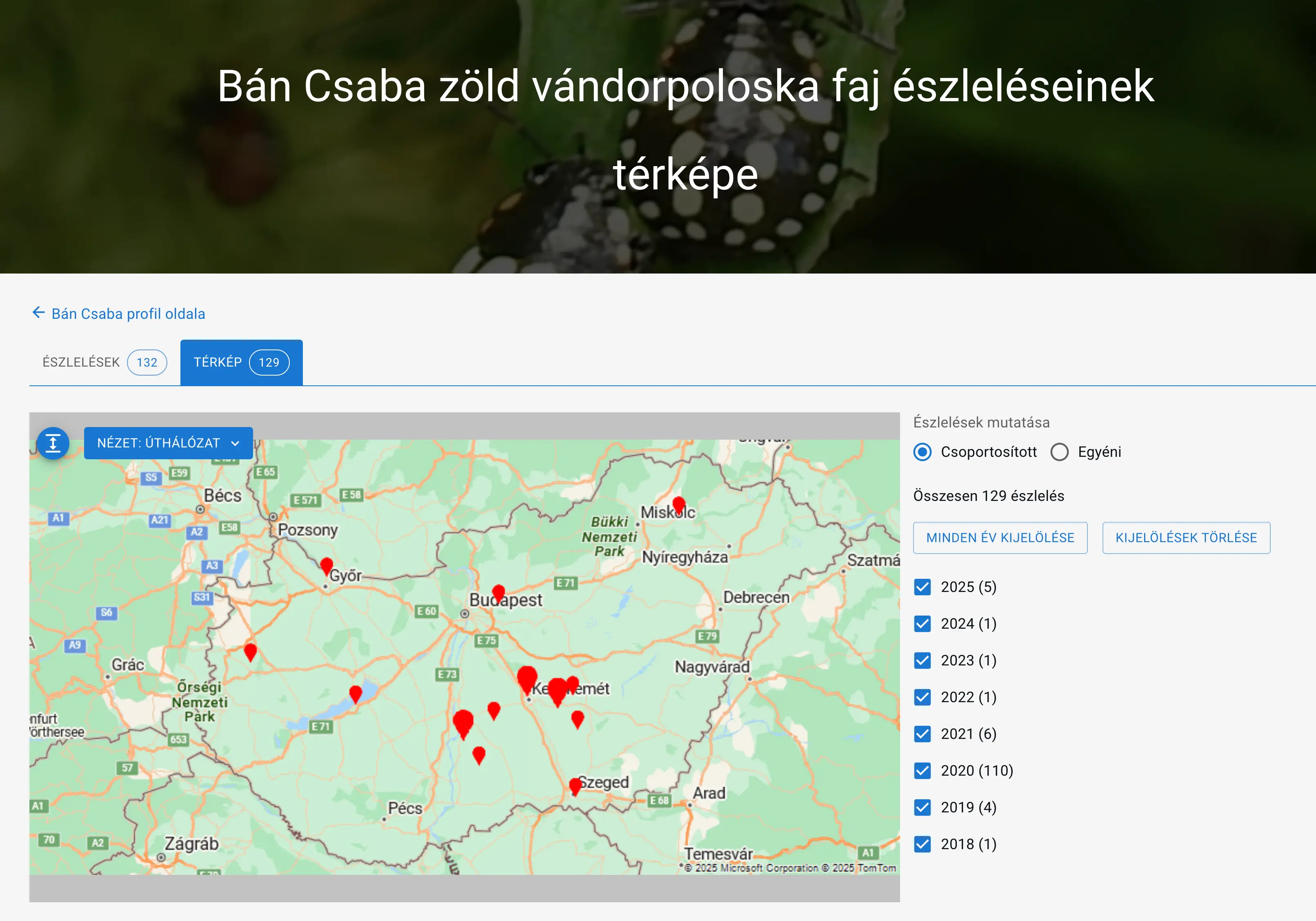 példa: Bán Csaba Nezara viridula - zöld vándorpoloska faj észlelései térképes megjelenítése