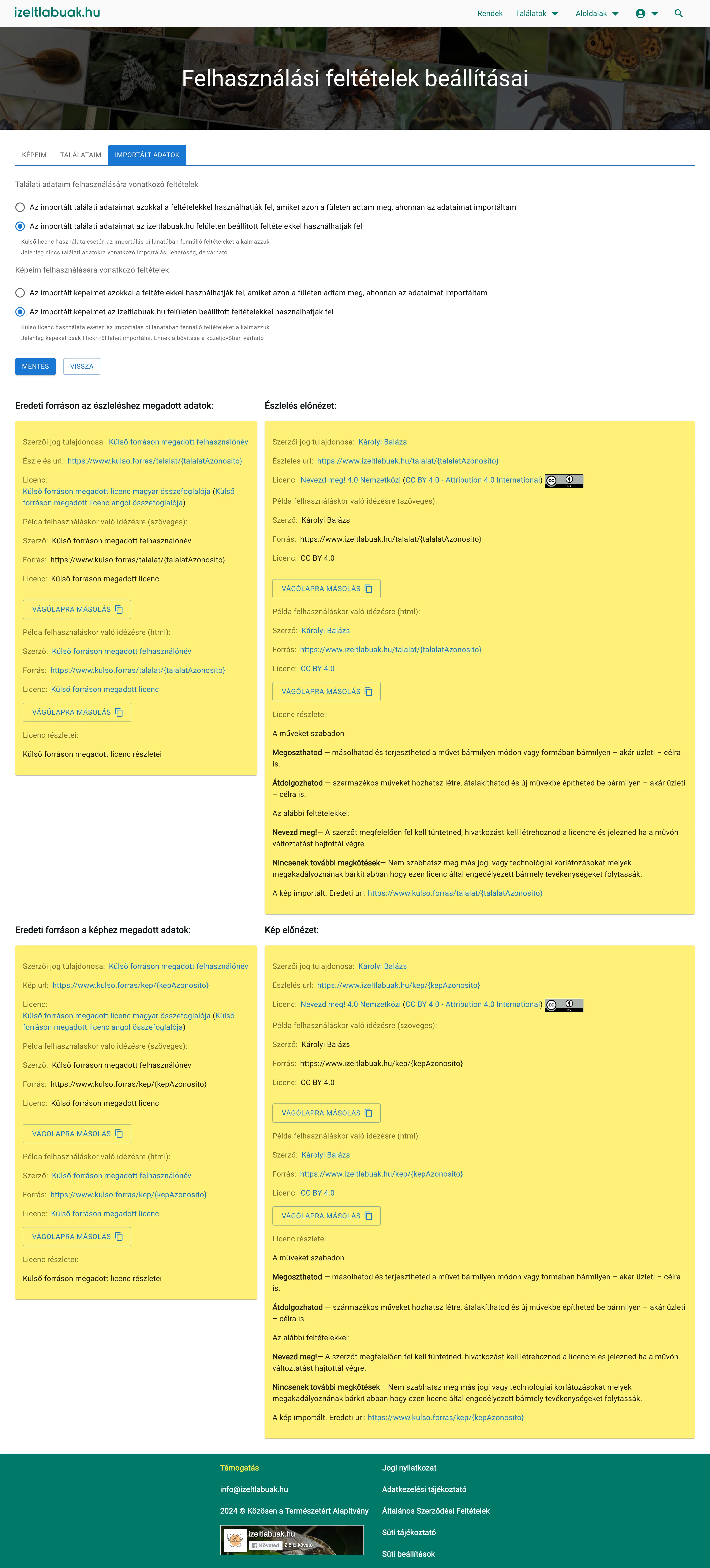 Importált adatokra vonatkozó felhasználási feltételek beállítása
