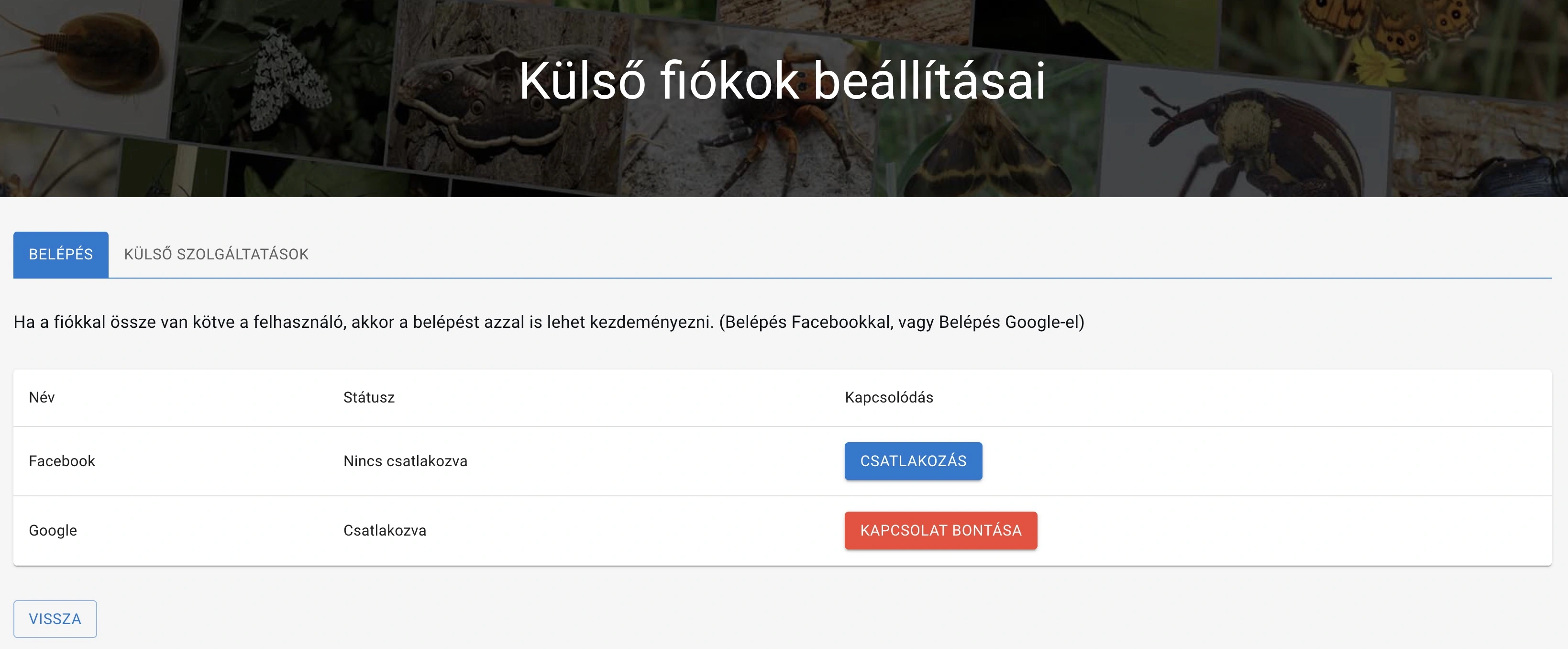 Külső fiókok összekapcsolása belépéshez