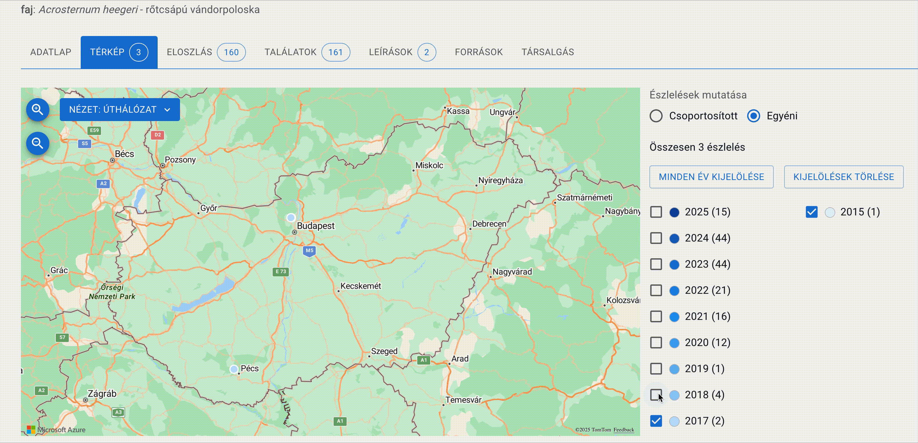 Acrosternum heegeri - rőtcsápú vándorpoloskaz észleléseinek évenkénti változása