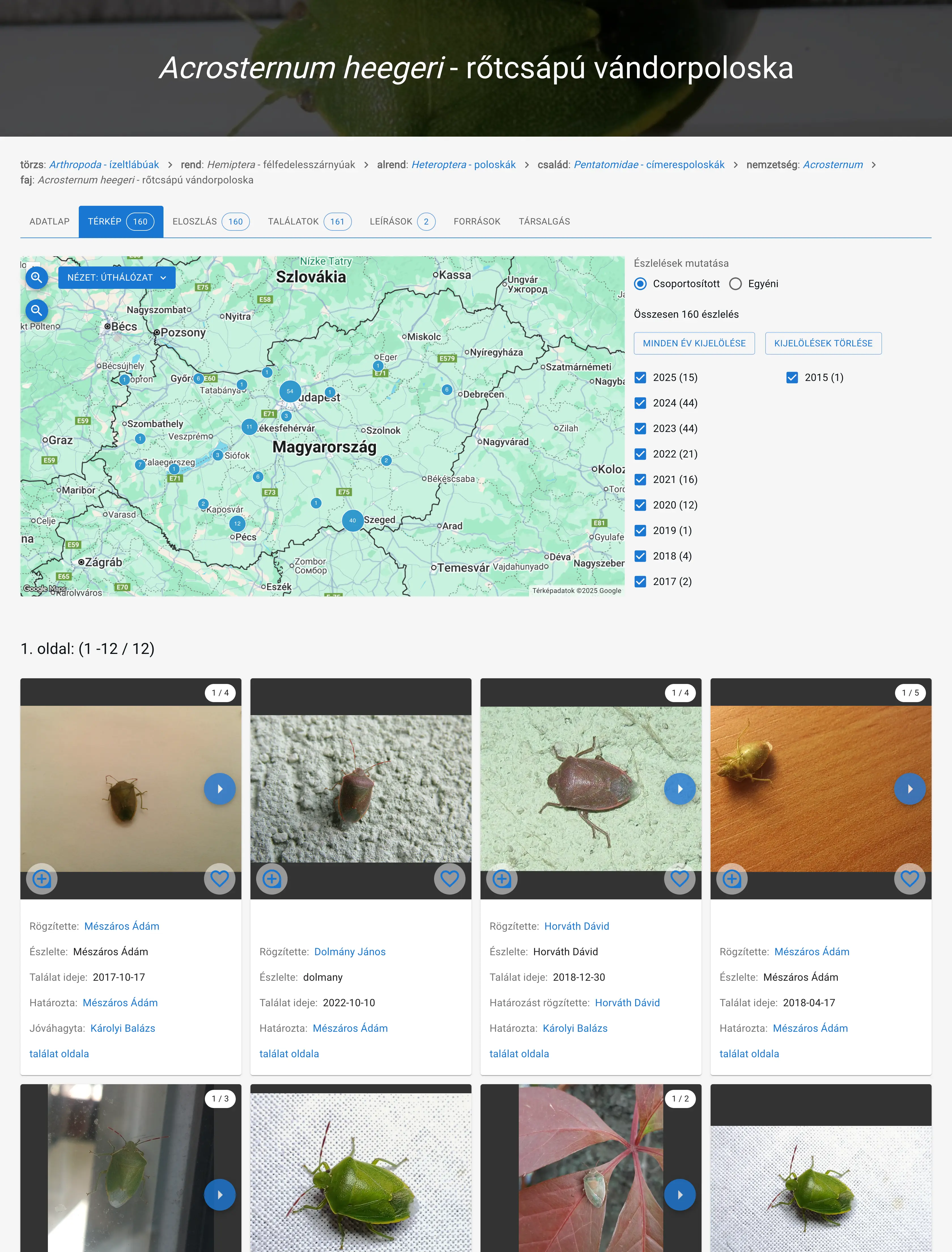 észlelések részletes listája