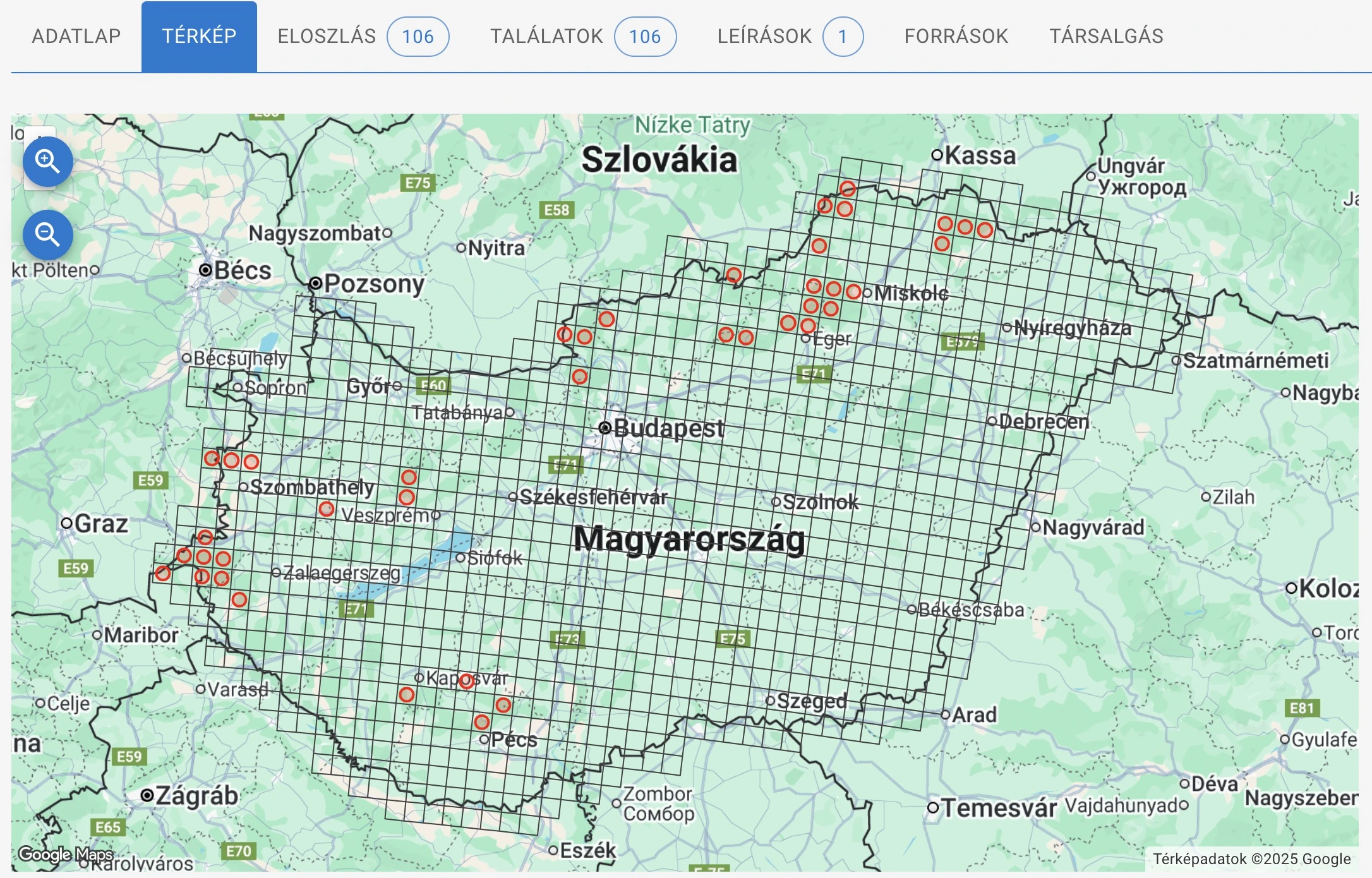 Apatura iris - nagy színjátszólepke észleléseinek rács térképnézete