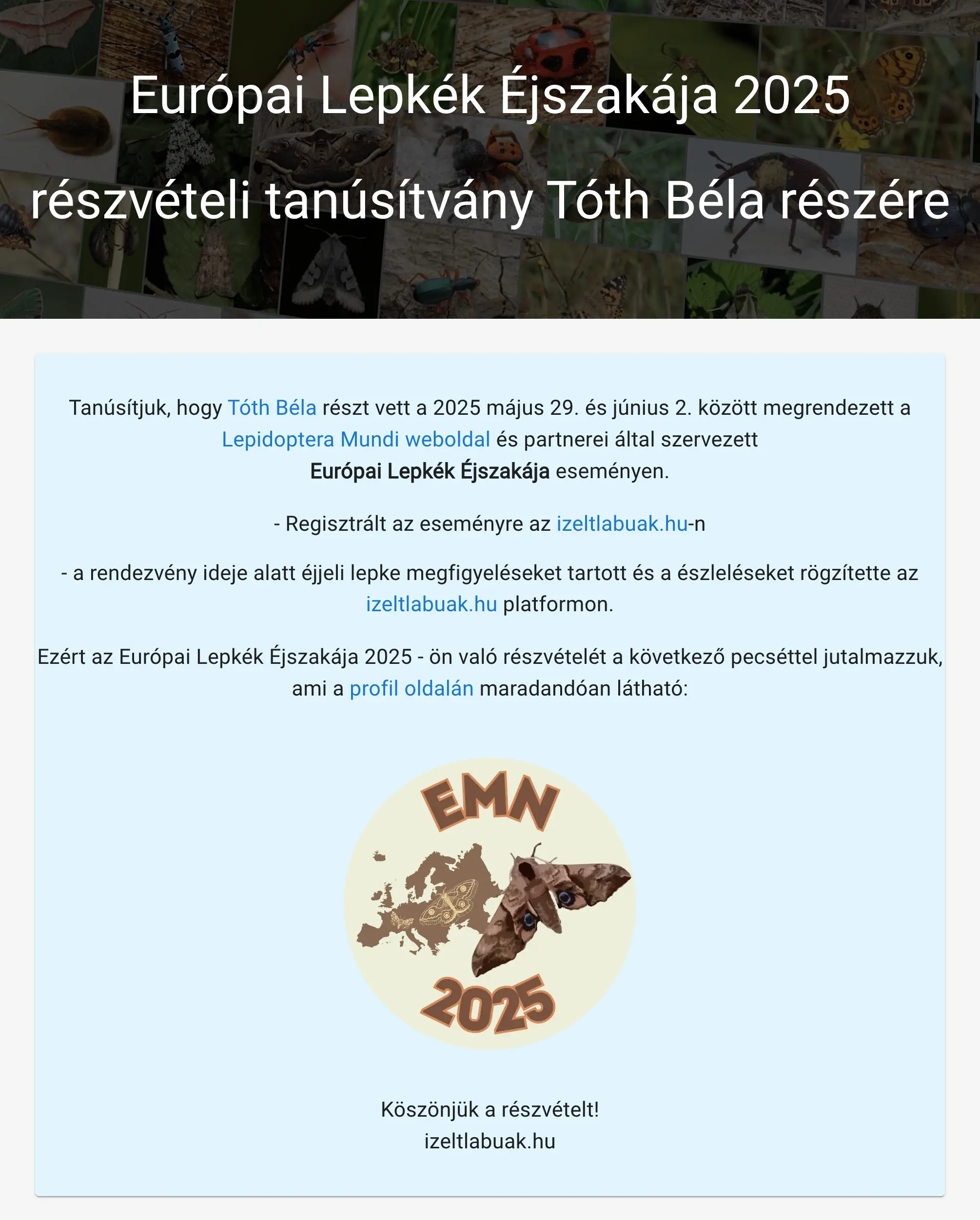 Példa: Európai Lepkék Éjszakája 2025 pecsét példa