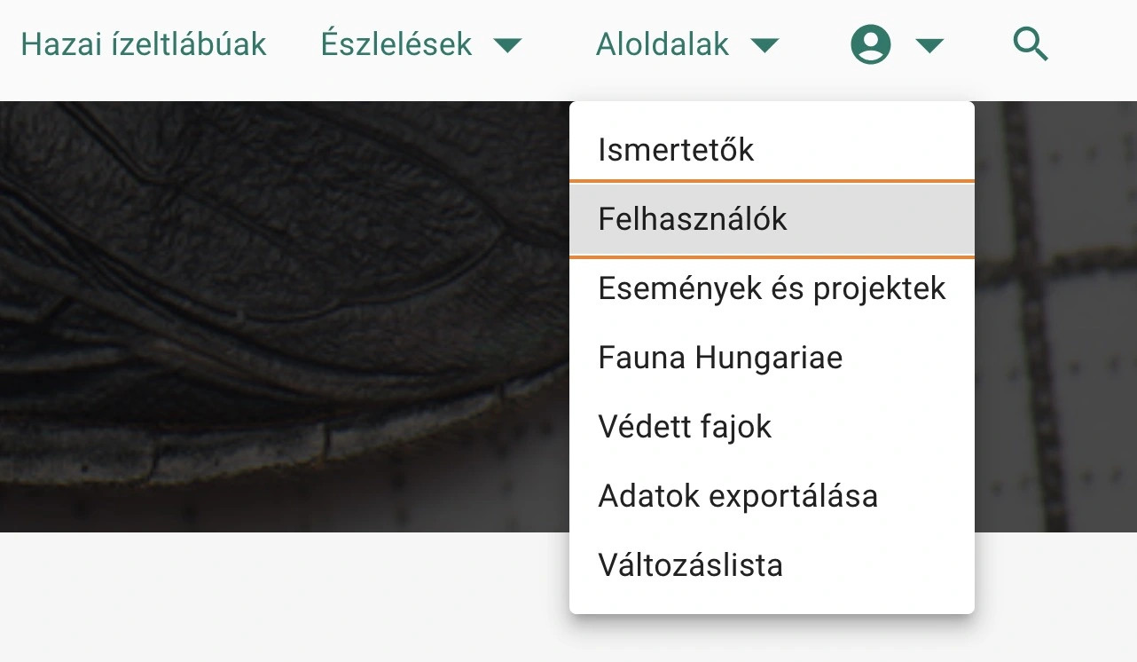 Felhasználók oldal elérése a fejléc menüből