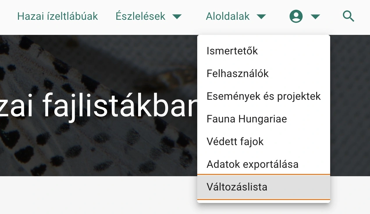Változáslista oldal elérése a fejléc menüből