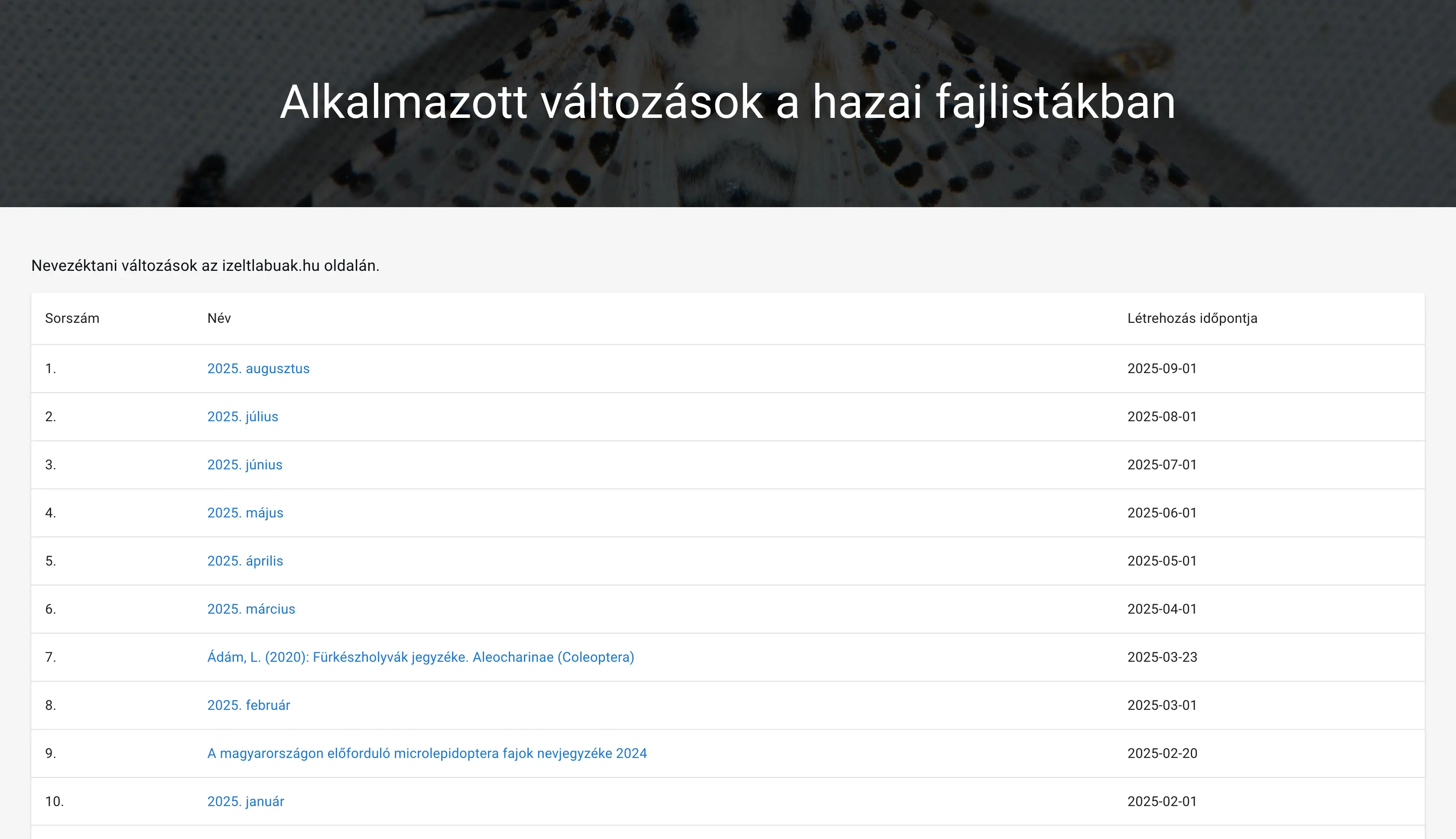 Változások listája oldal