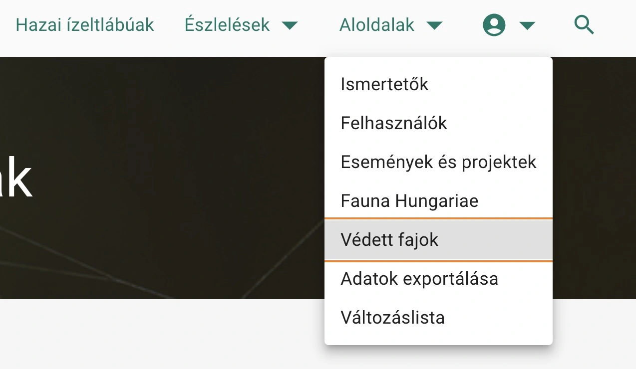 Védett fajok oldal elérése a fejléc menüből